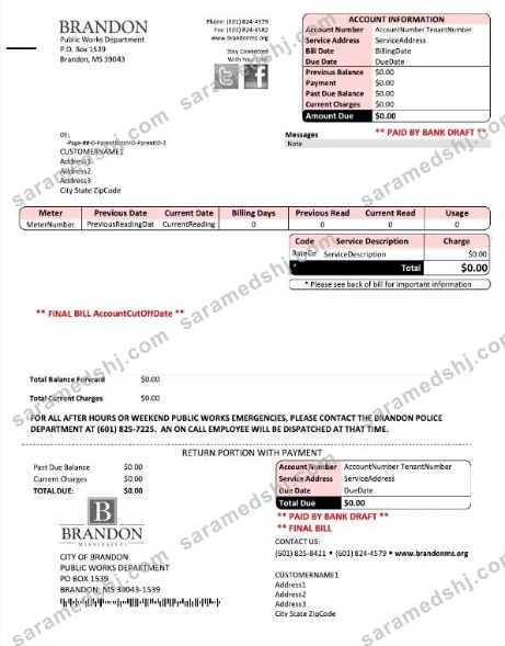USA BRANDON MISSISSIPPI utility bill Word and PDF template
